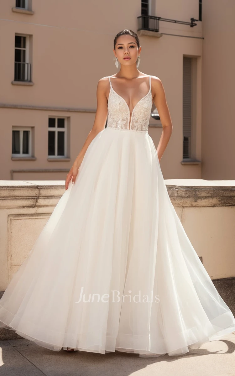 Elegant A-Line Romantic Fall Autumn Wedding Dress Plunging Spaghetti Beading Tulle Bridal Gown
