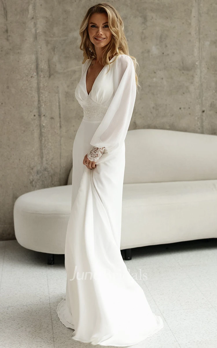 Elegant Long Sleeve Floor Length Chiffon Wedding Dress Simple V-neck Sheath Gown with Train