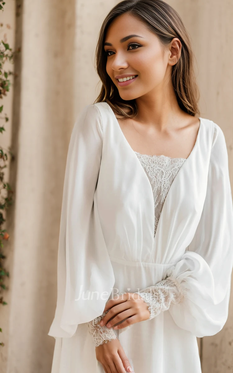 Romantic Modest A-Line Boho Long Sleeve Reception Wedding Dress Modern Simple Chiffon Lace Illusion V-Neck Low Back Bridal Gown