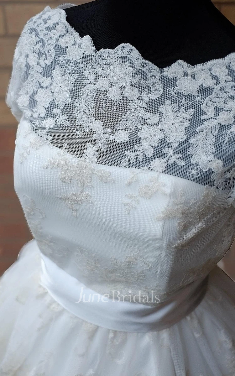 Scalloped Short Satin Wedding Dress With Sash And Illusion Sleeve