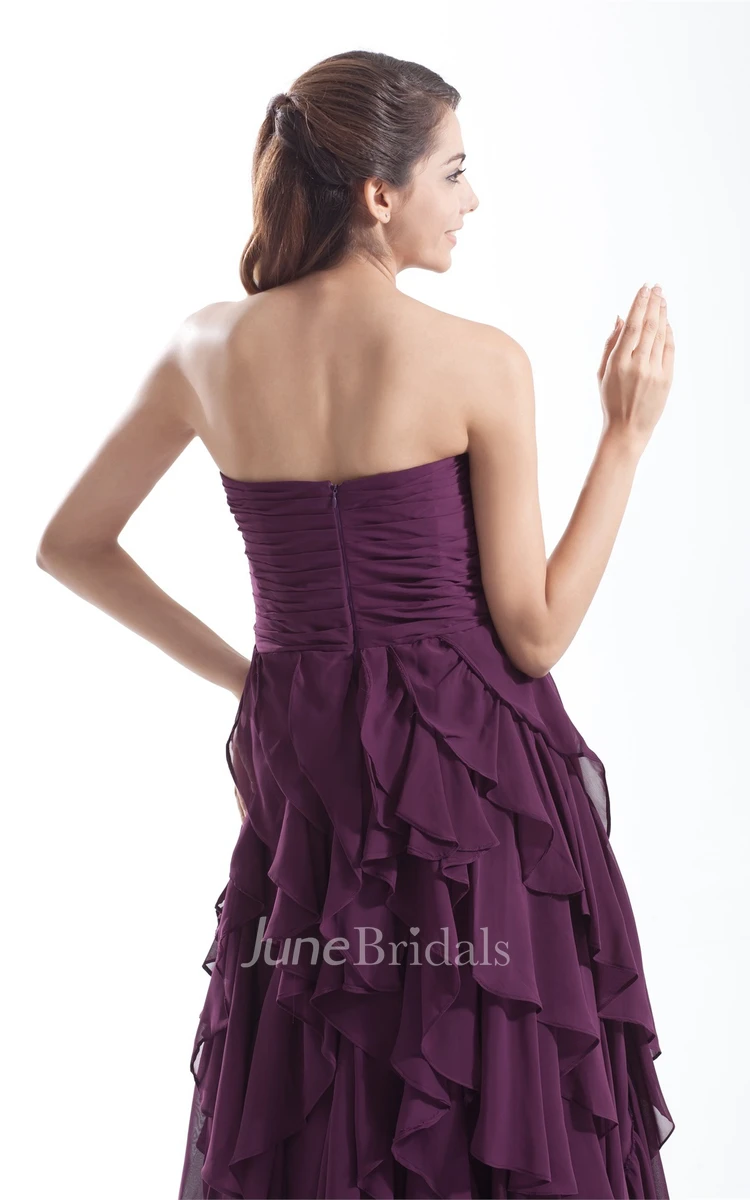 chiffon ruched high-low dress with cascading ruffles and beading