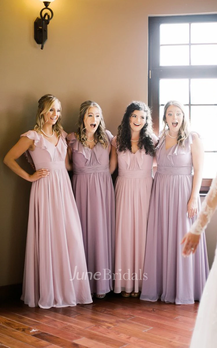 Modern A Line V-neck Chiffon Bridesmaid Dress With Short Sleeves And Low-V Back