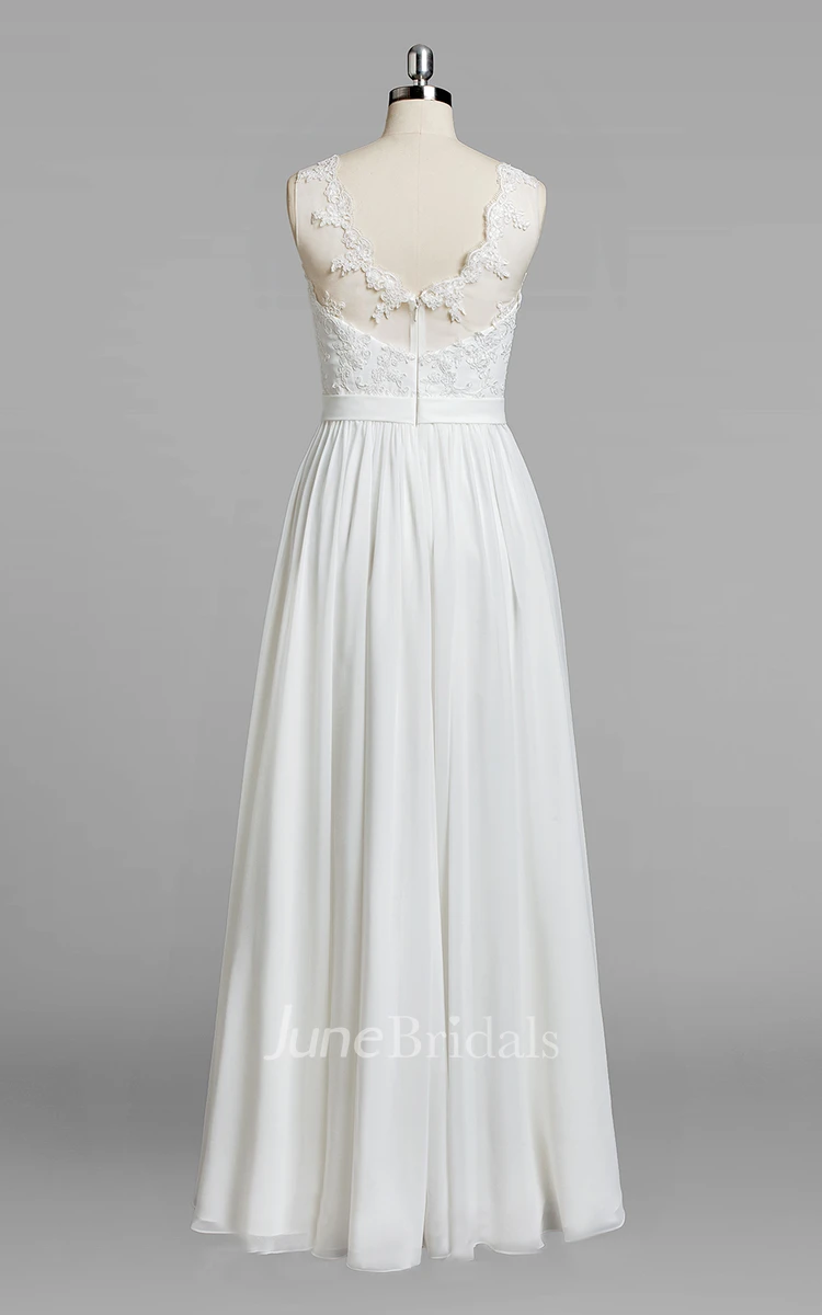 Jewel Neck Sleeveless A-Line Chiffon Skirt Lace Bodice Wedding Dress