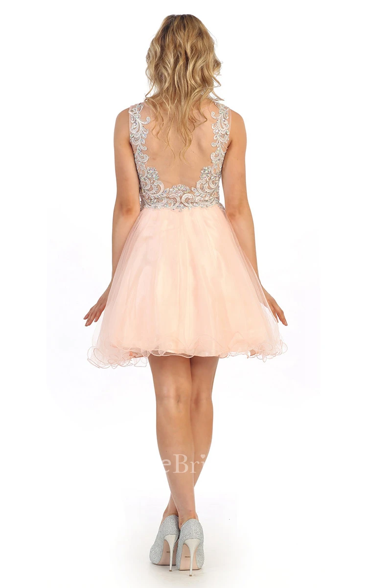 A-Line Short Bateau Empire Tulle Illusion Dress With Beading And Appliques