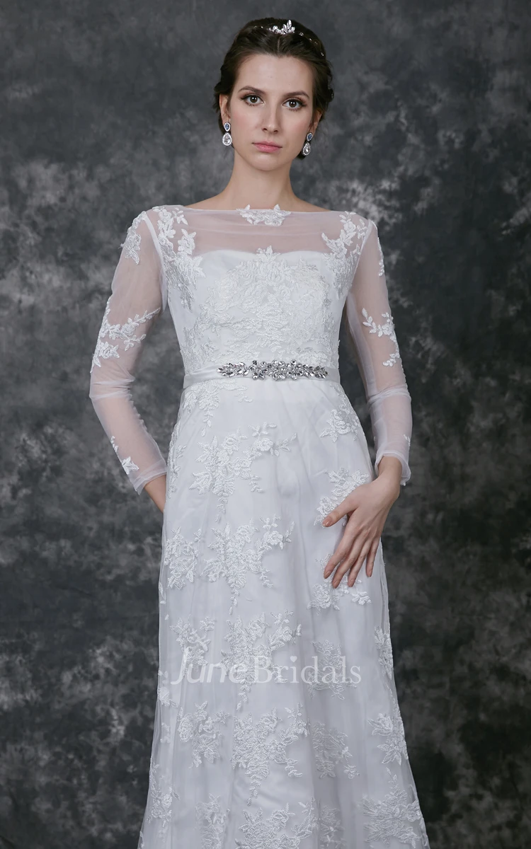 Mature Long Sleeve Sheer Neck Long Lace Dress With Crystal Detailing