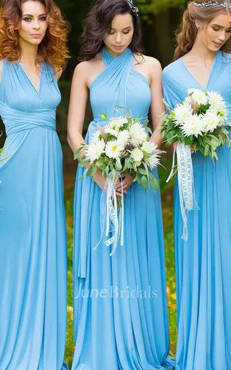 Romantic V-neck Jersey Convertible Bridesmaid Dress With Short Sleeves And Straps Back