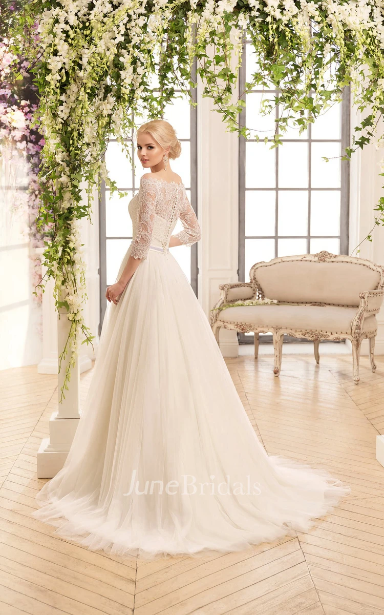 A-Line Floor-Length Off-The-Shoulder 3-4-Sleeve Illusion Tulle Lace Dress With Criss Cross And Pleats