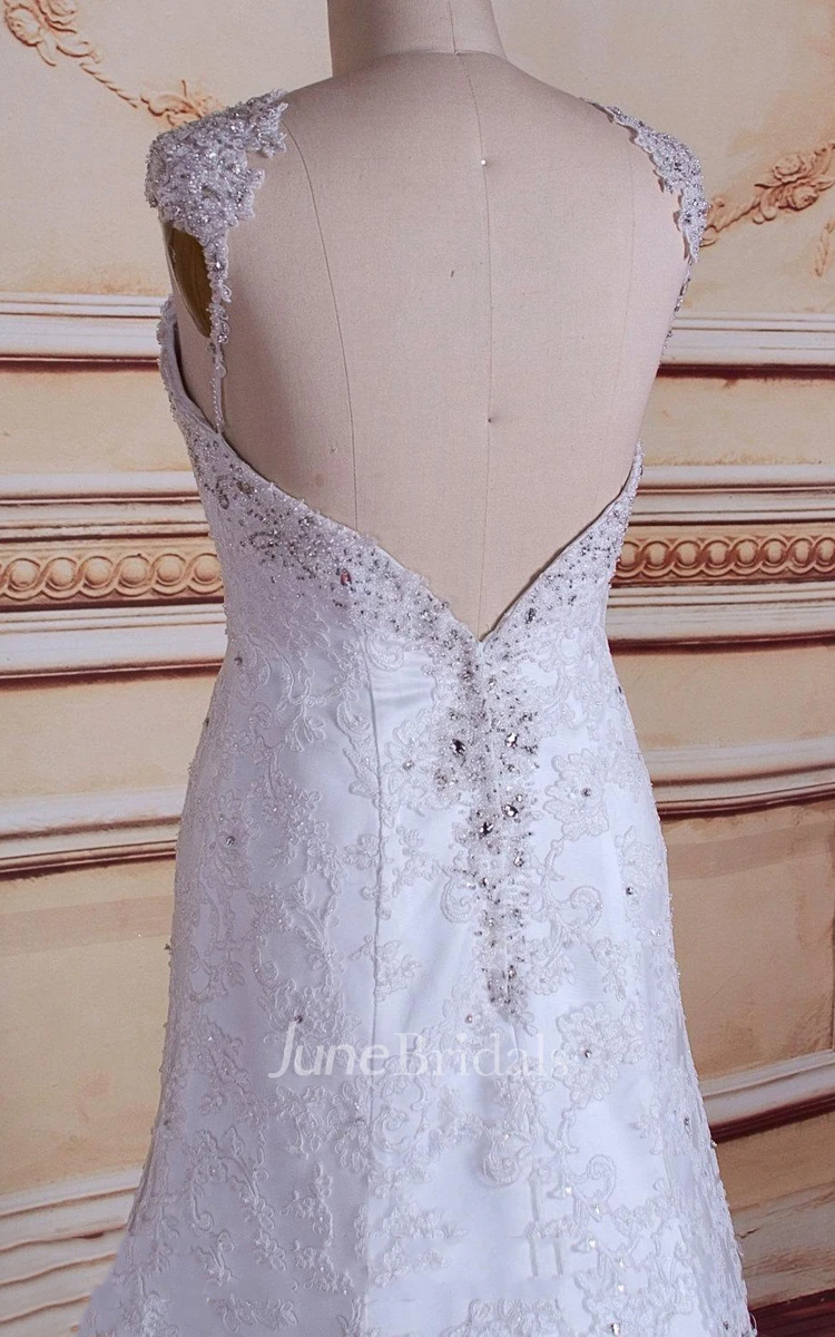 Trumpet Cap Sleeve Backless Lace Satin Dress With Beading Appliques