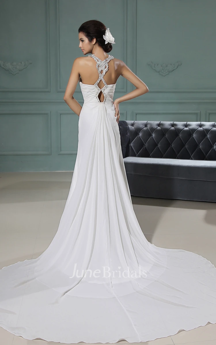 Straps Chiffion Crisscross Slited Gown With Crystal Detailing Detailing