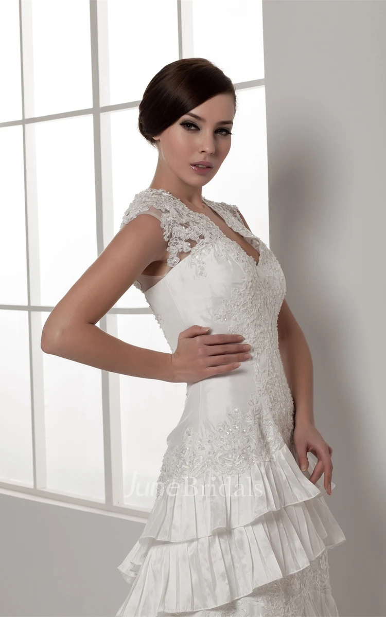 Scalloped-Neck Caped-Sleeve Lace Dress with Beading and Tiers