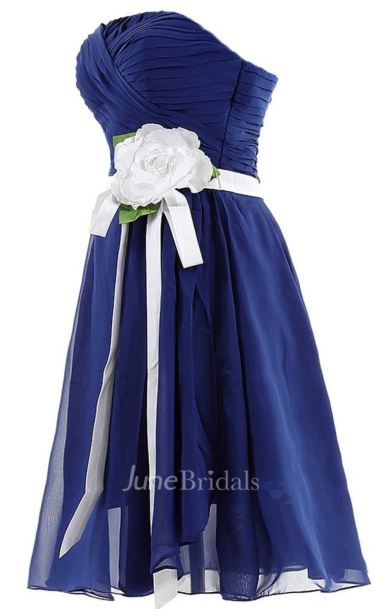 Strapless Ruching and Pleated Dress With Satin Bow