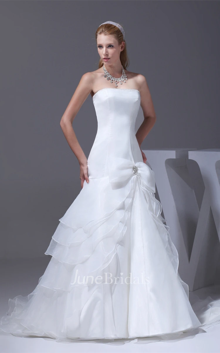 Strapless Column A-Line Gown with Bow and Tiers