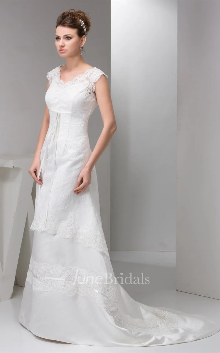 Caped-Sleeve Lace A-Line Gown with Low-V Back