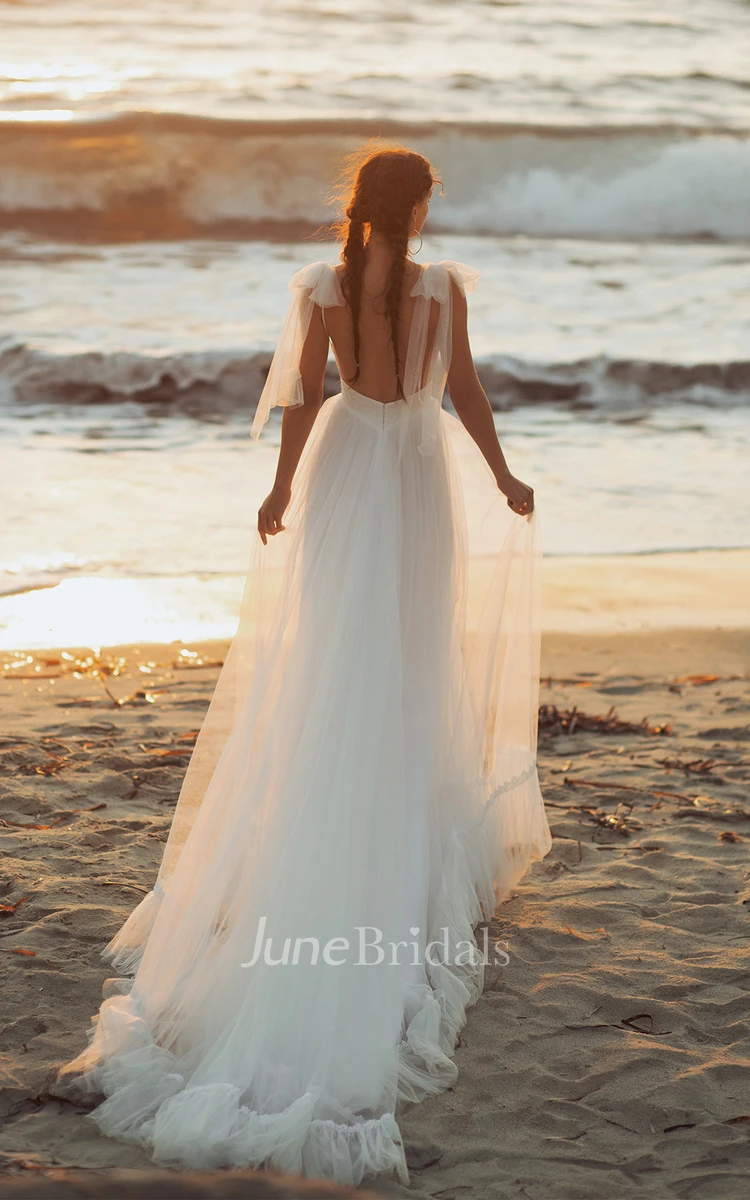 Straps V-neck Romantic Tulle Ethereal Beach Wedding Dress with Chapel Train Backless