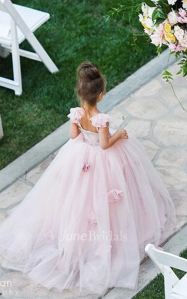 Delicate Pink Tulle Flowers Girl Pageant Dress Sweep Train