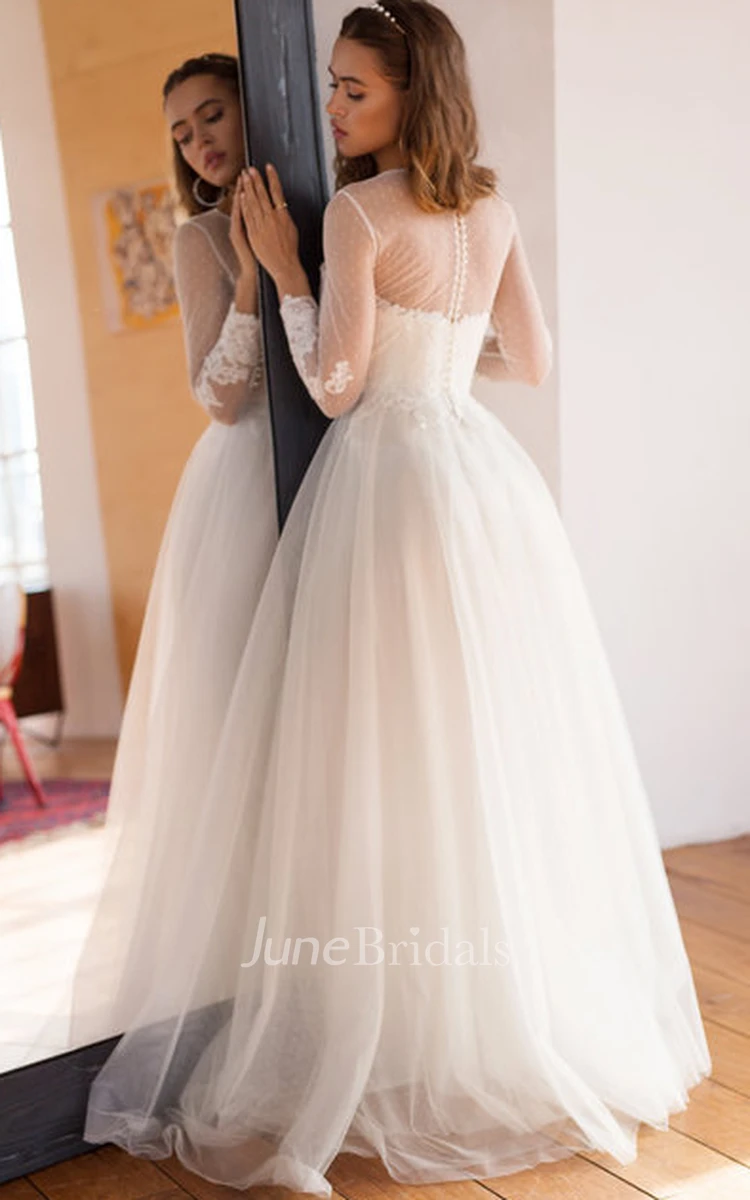 Modest A Line Lace Tulle Jewel Long Sleeve Wedding Dress with Appliques