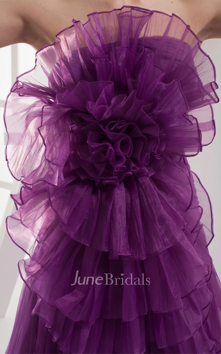 Floral Ruched A-Line Gown with Tiers and Brush Train