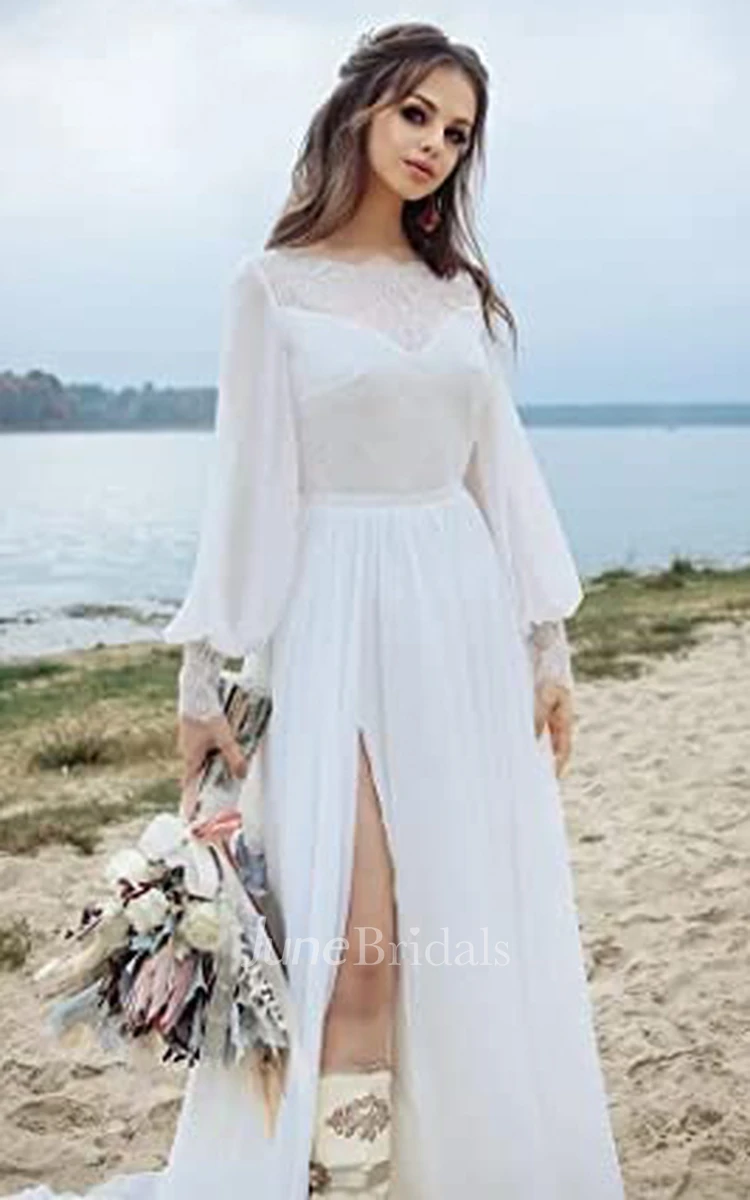 A-Line Chiffon Wedding Dress Simple Sexy Romantic Adorable Country Garden With Keyhole Back And Poet Long Sleeves And Appliques