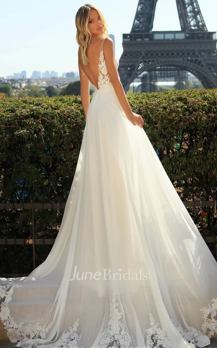 Casual A Line Chiffon Plunging Neck Court Train Wedding Dress with Appliques