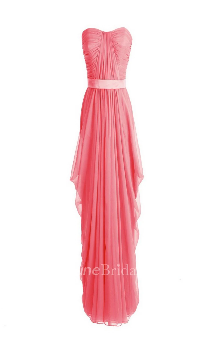 Strapless Asymmetrical Chiffon Gown With Pleats