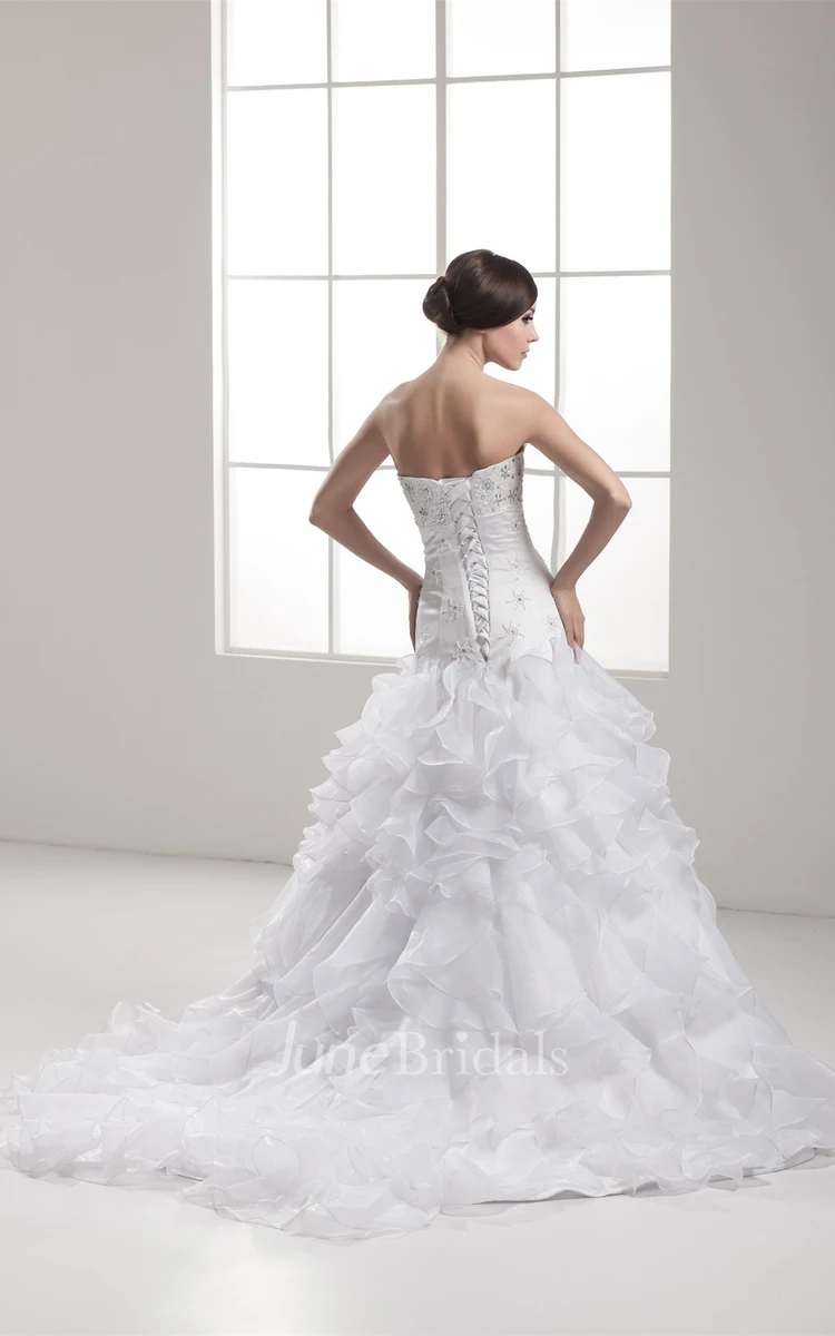 Strapless A-Line Appliqued Gown with Jewels and Ruffles