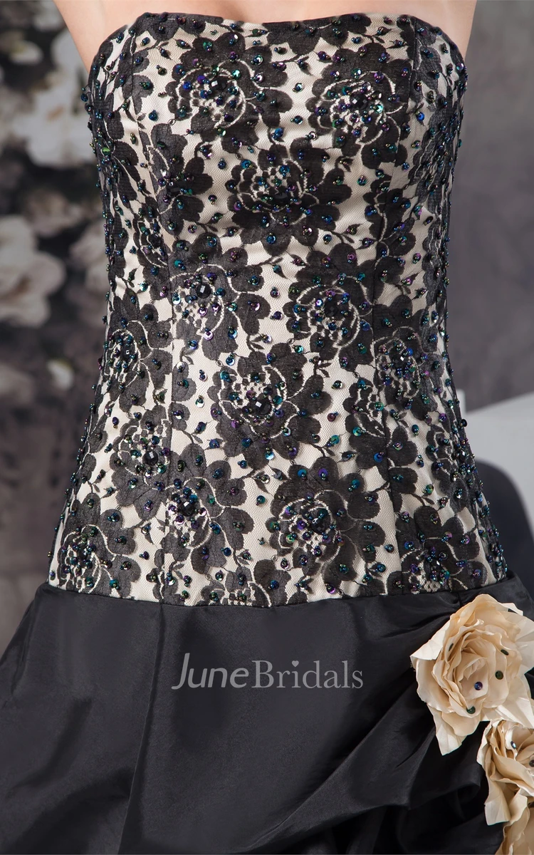 Strapless Front-Split Pick-Up Gown with Appliques and Flower