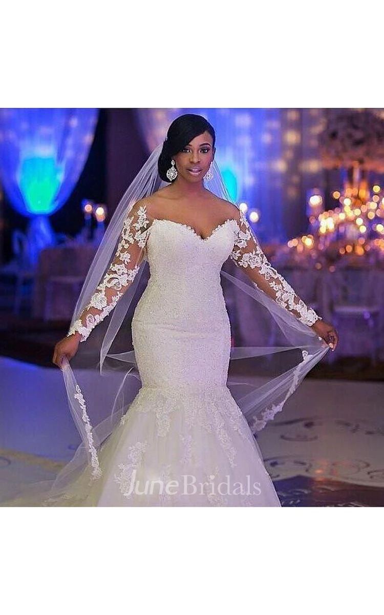 Glamorous Off-the-shoulder Long Sleeve Mermaid Wedding Dress With Appliques
