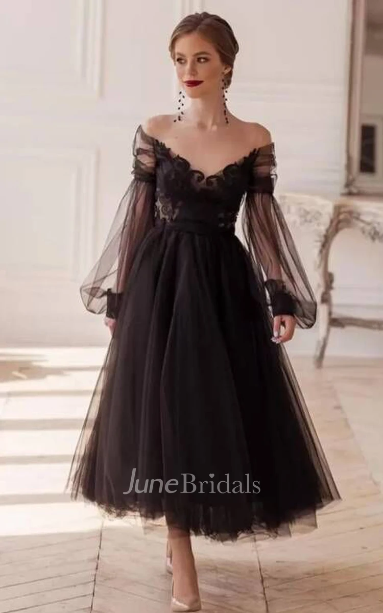 Sexy A Line Long Sleeve Tulle Off the shoulder Ankle length Cocktail Dress with Appliques June Bridals