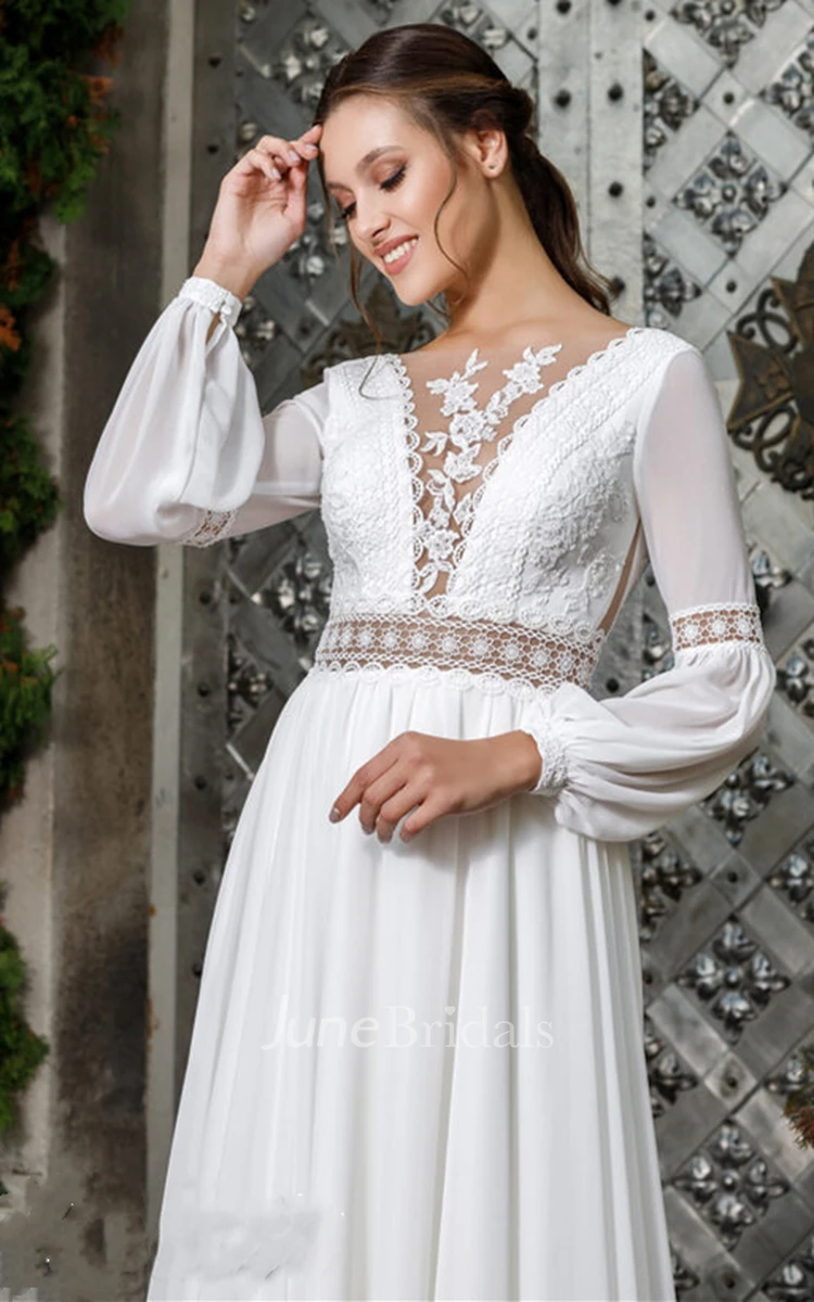 Ethereal A Line Scalloped Neck Chiffon Wedding Dress with Appliques