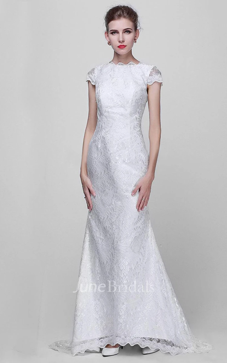 Scalloped Backless Sheath Lace Wedding Dress With Bow And Cap Sleeve