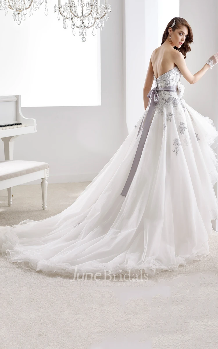 Sweetheart High-Low Beaded Gown With Ruffles And Floral Decoration