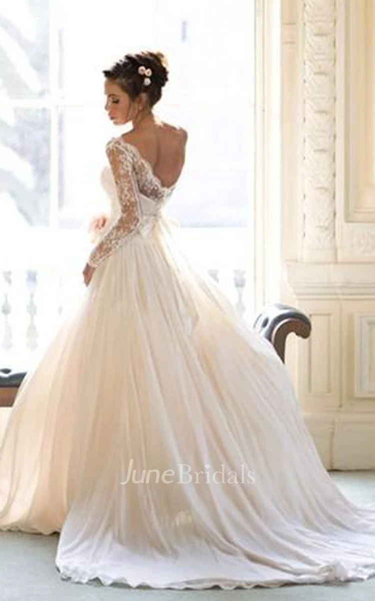 Elegant Lace A-line Bowknot Wedding Dress Court Train Long Sleeve