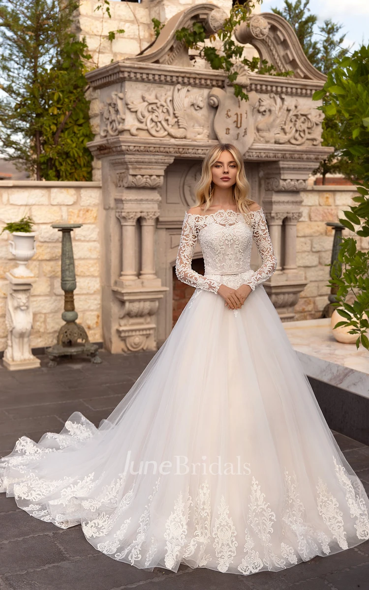 Off-the-shoulder Illusion Long Sleeve And Button Back Ballgown Lace Tulle Wedding Dress With Sash