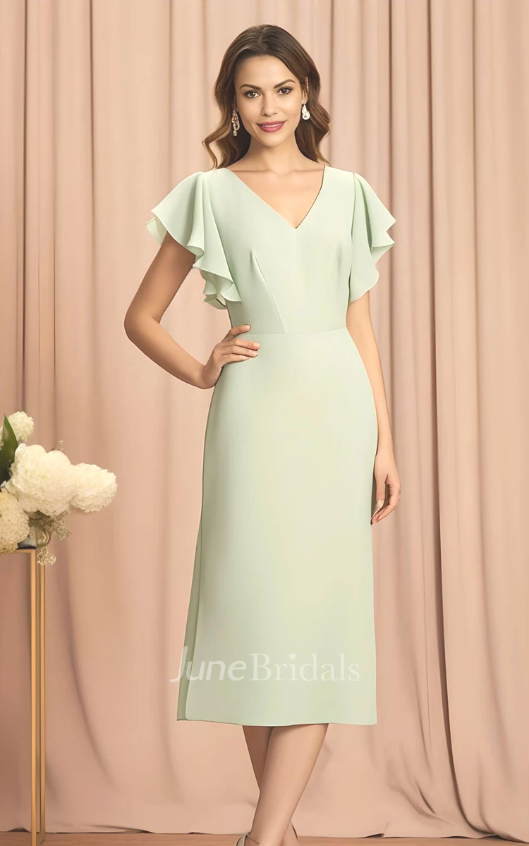 Bohemian Sheath V-neck Chiffon Short Sleeve Mother of the Bride Dress Simple Modest Elegant Tea-length