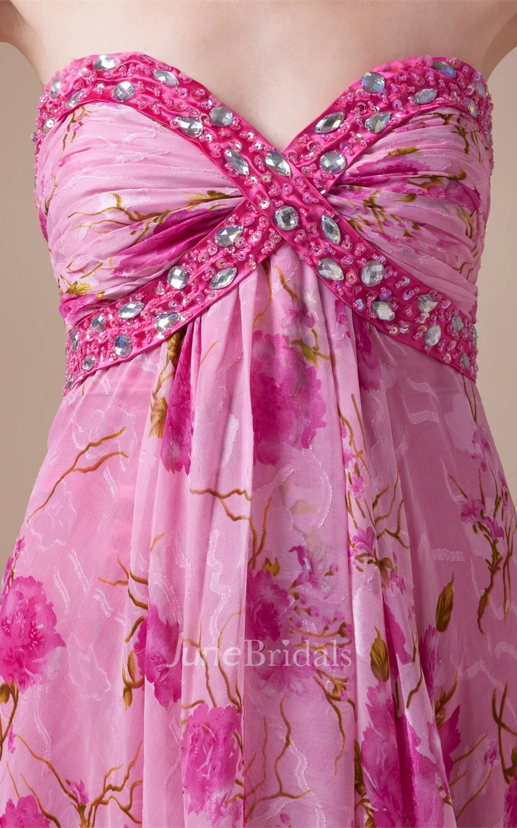 Sweetheart Criss-Cross High-Low Empire Dress with Jewel and Floral Print