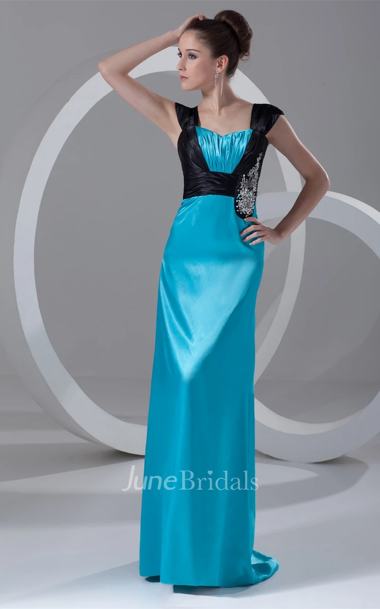 Caped-Sleeve Satin Floor-Length Dress with Beading and Brush Train