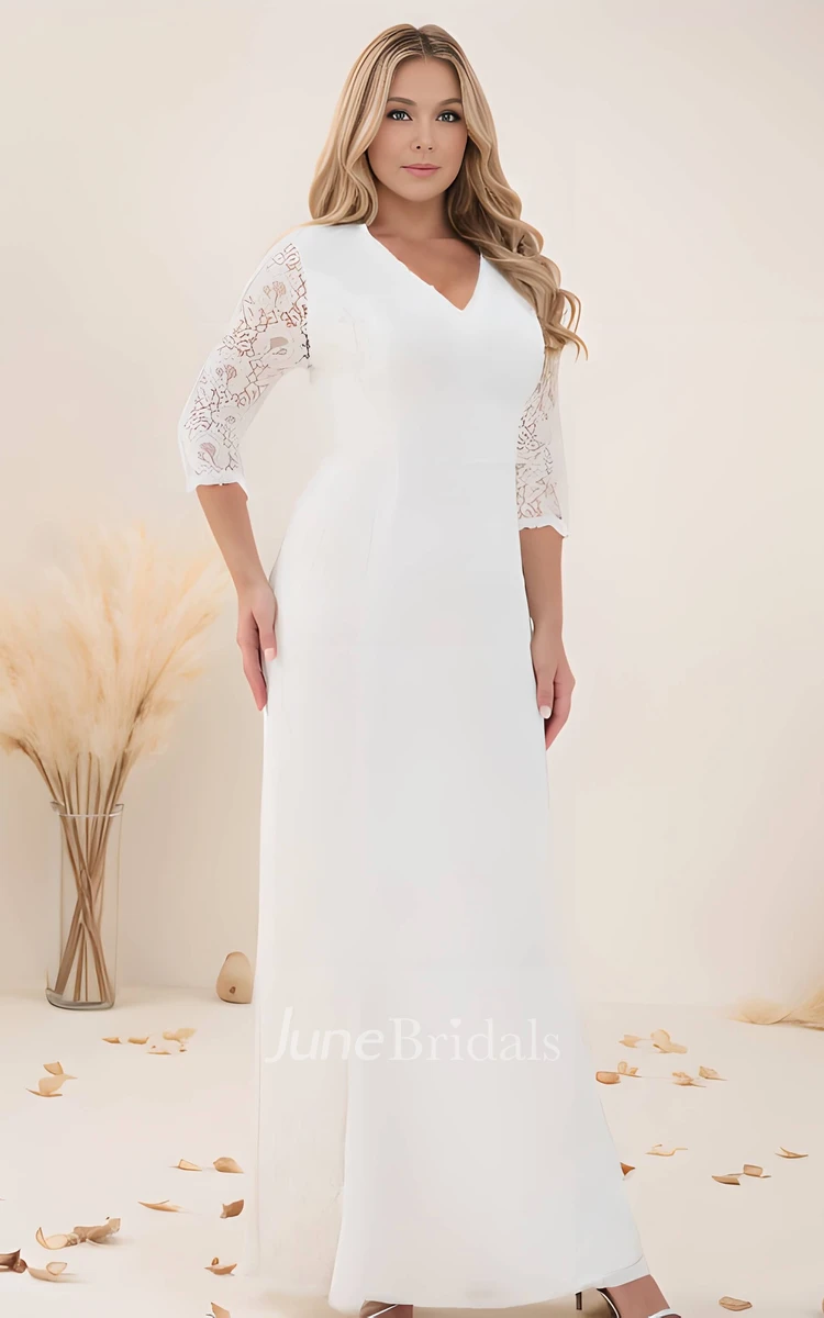 Modern Plus Size Sheath V-neck Wedding Dress Long Lace Sleeve with Floor Length Zipper Back