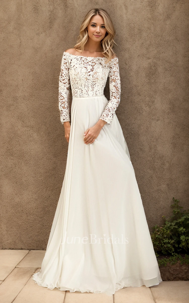 Boho Vintage A-Line Lace Off-the-shoulder Wedding Dress Mature Beach Long Sleeve Chapel Train Bridal Gown