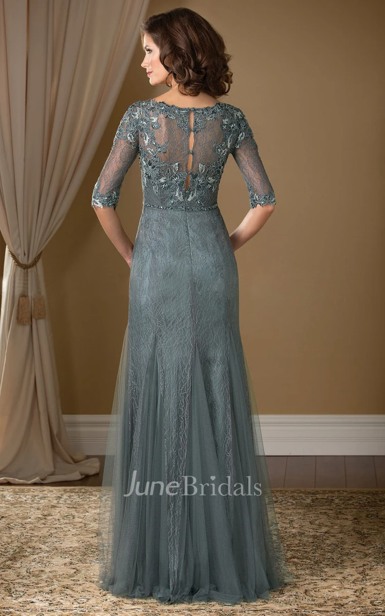 Scoop-neck Half Sleeve Tulle Lace Sheath Mother of the Bride Dress With Appliques