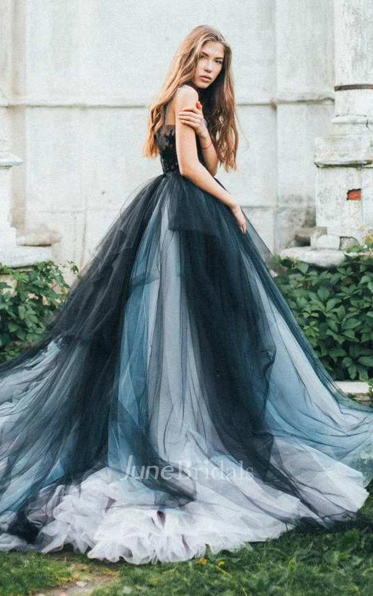 Non-Traditional A-Line Lace Black and Grey Wedding Dress Illusion Tulle Spaghetti Straps Court Train Bridal Gown