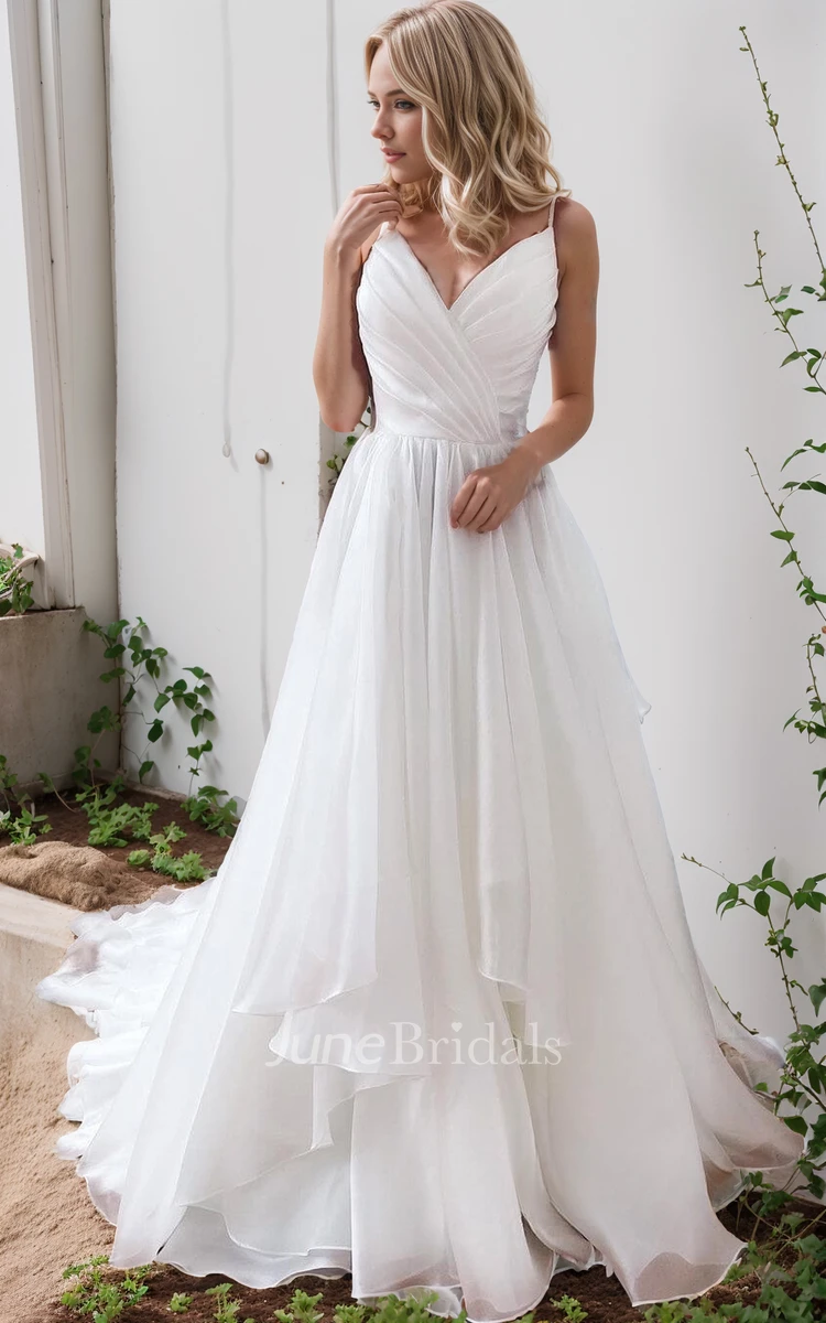 Ethereal Sexy A-Line Organza Wedding Dress Elegant Romantic Classic V-Neck Ball Gown with Court Train