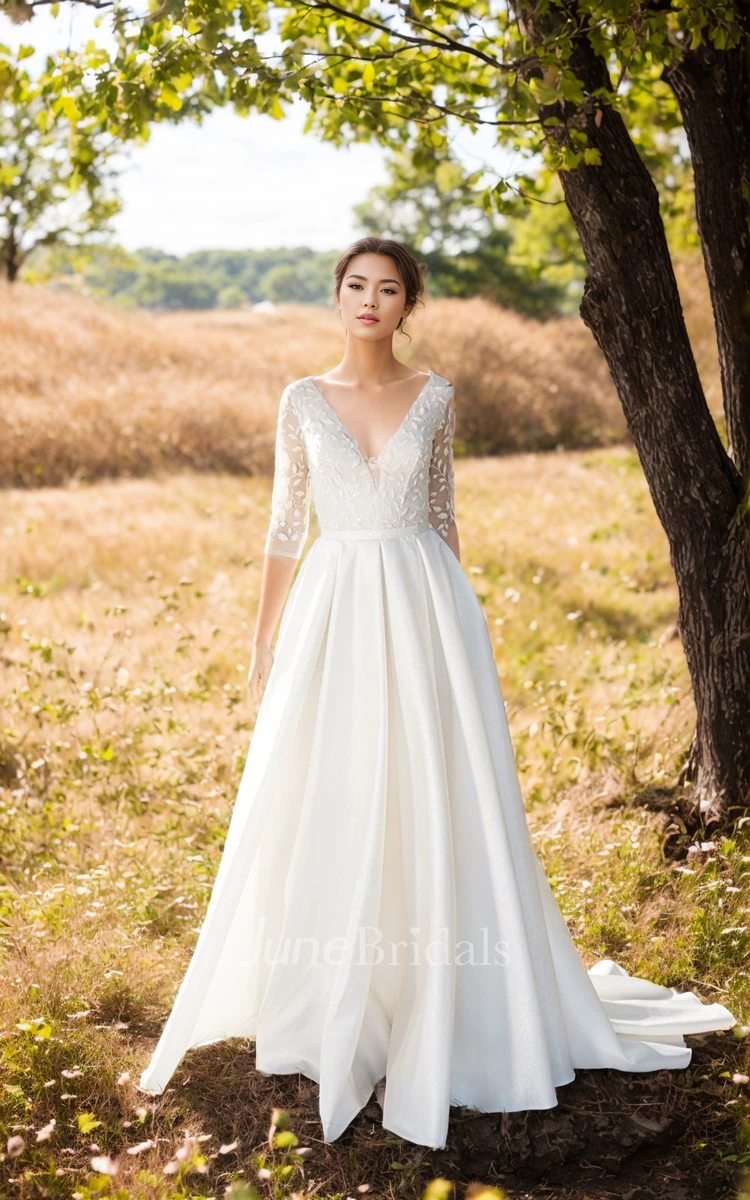 Vintage V-neck A-Line Wedding Dress with Sleeves Open Back Fall Autumn Gown