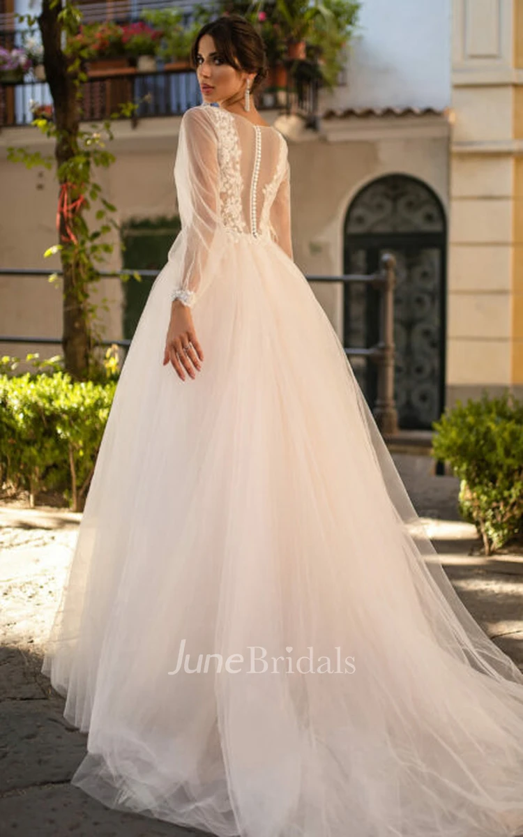 Ethereal A Line Chiffon Split Front Wedding Dress With Long Sleeve