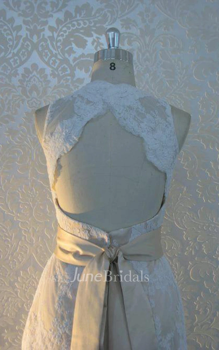 Scalloped Sleeveless Sheath Lace Wedding Dress With Sash And Keyhole Back