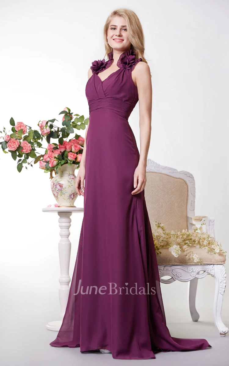 Vibrant Halter Neck Chiffon Gown With Empire Waist