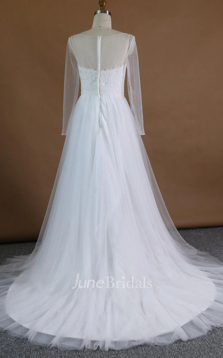 Long Sleeve Tulle Lace Satin Dress With Appliques Illusion