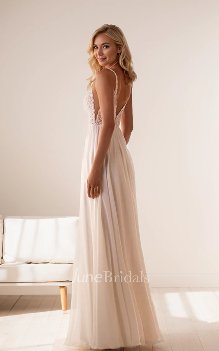 Sexy Elopement Boho A-Line Plunging Neckline Lace Sleeveless Maxi Wedding Dress Modern Casual Chiffon Spaghetti Strap Backless Reception Dress for Bride