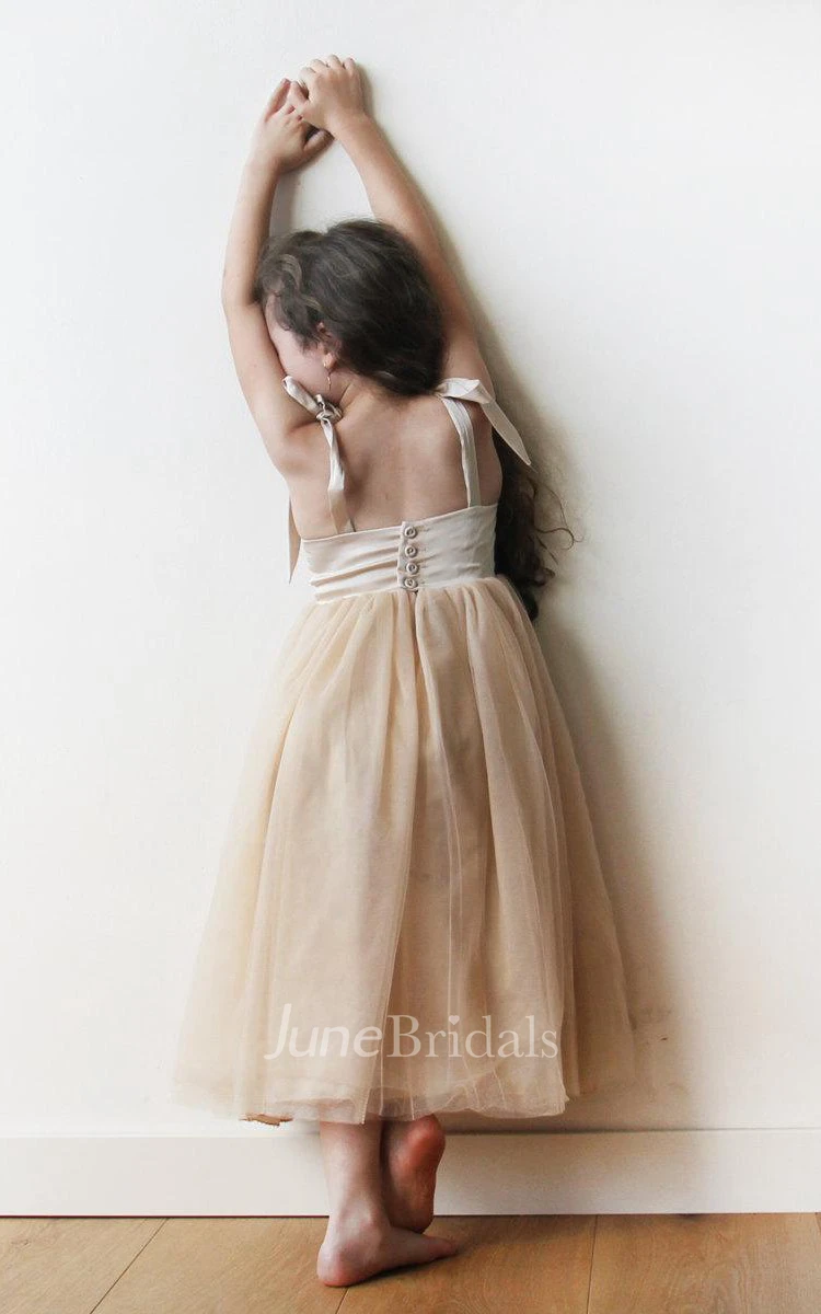Strapped Tulle Dress With Square Neck and Pleats
