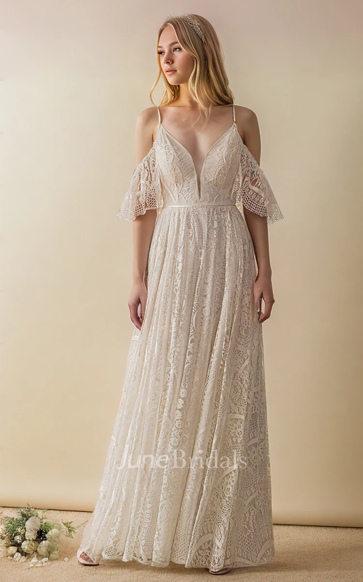 Plunging Neckline Bohemian Lace A-Line Off-the-shoulder Sexy Beach Country Floor-length Spaghett Open Back Wedding Bridal Dress