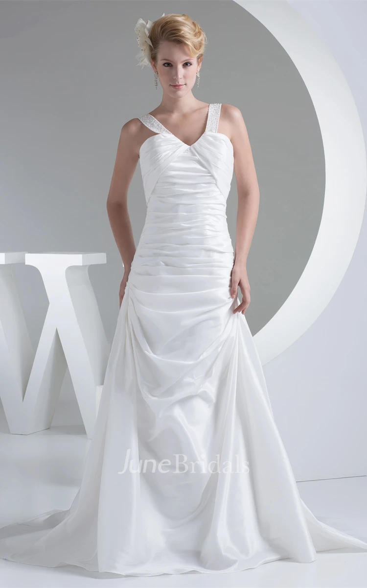 Notched Sleeveless Pick-Up A-Line Gown with Beaded Straps